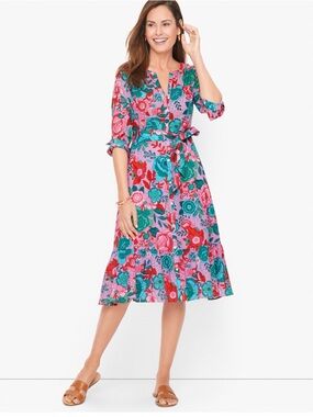 Talbots Sketched Blooms Floral Belted Shirtdress Dress Floral Sz 14P Peplum Hem